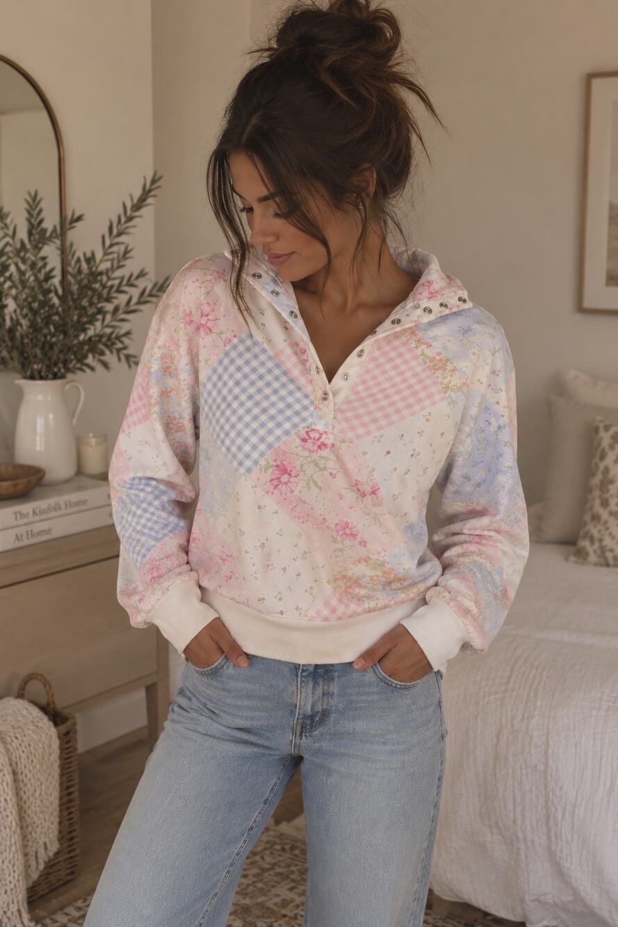 Altard state Floral
Patchwork Henley Pullover Sweatshirt Pastel Multi